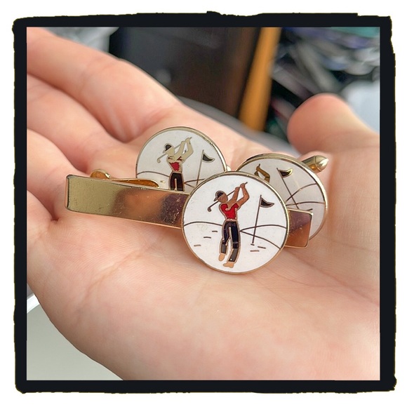 💕Beautiful Vintage Swank Cloisonné Golf Cufflinks & Tie clip Set💕 - Picture 6 of 6